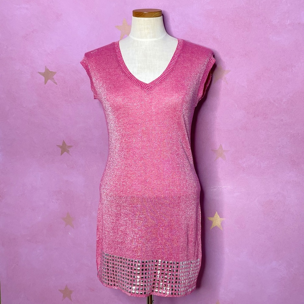 Max Vintage 90s Y2K Mini Dress in Pink Metallic Sleeveless Silver Studded